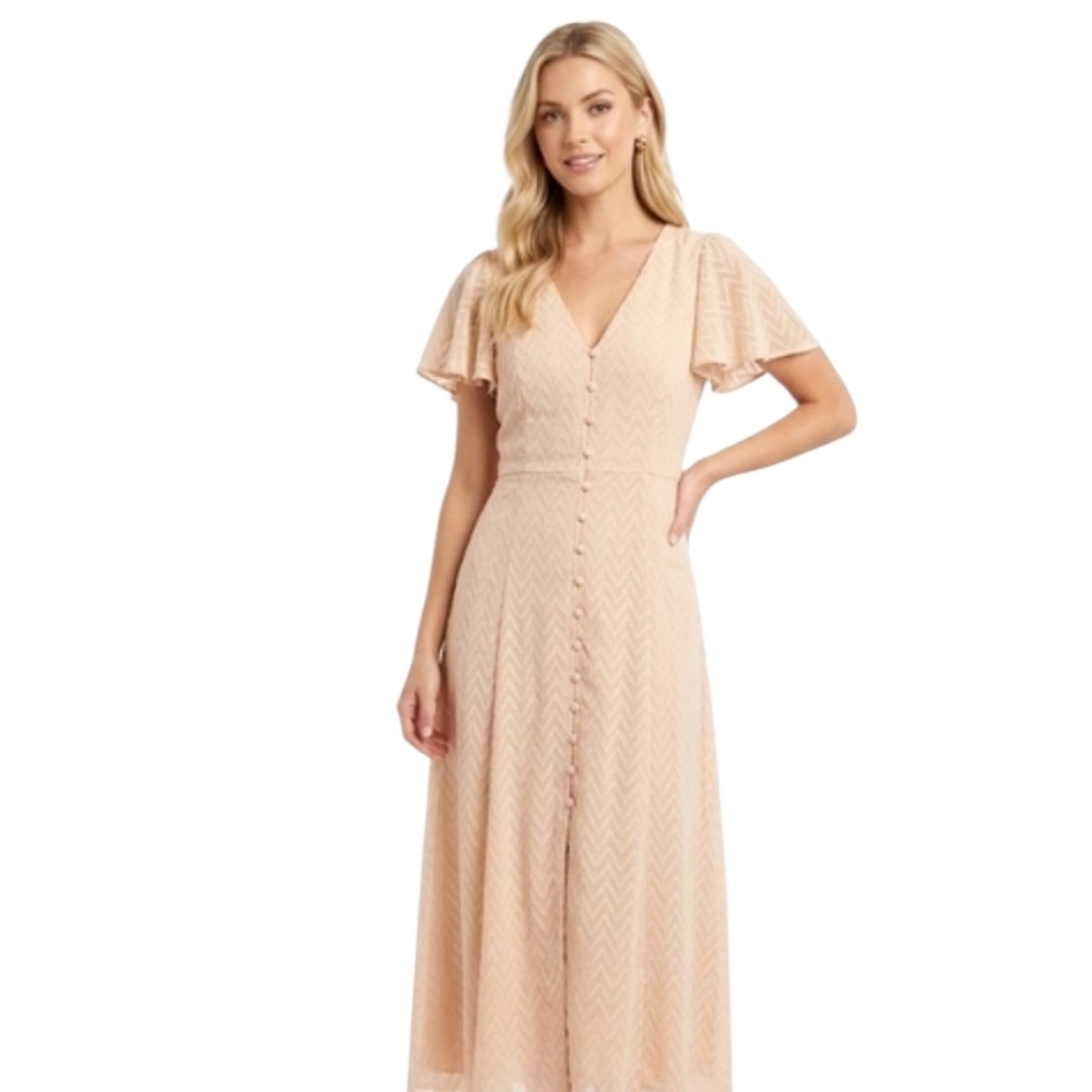 Zara Pink V Neck Maxi Dress Sheer Overlay Textured Chevron